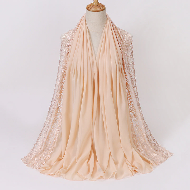 Elegant Pearl Chiffon Lace-Trimmed Women's Hijab Scarf - Breathable, Non-Stretch Polyester in Solid Colors | Perfect for Outdoor Events & Ramadan