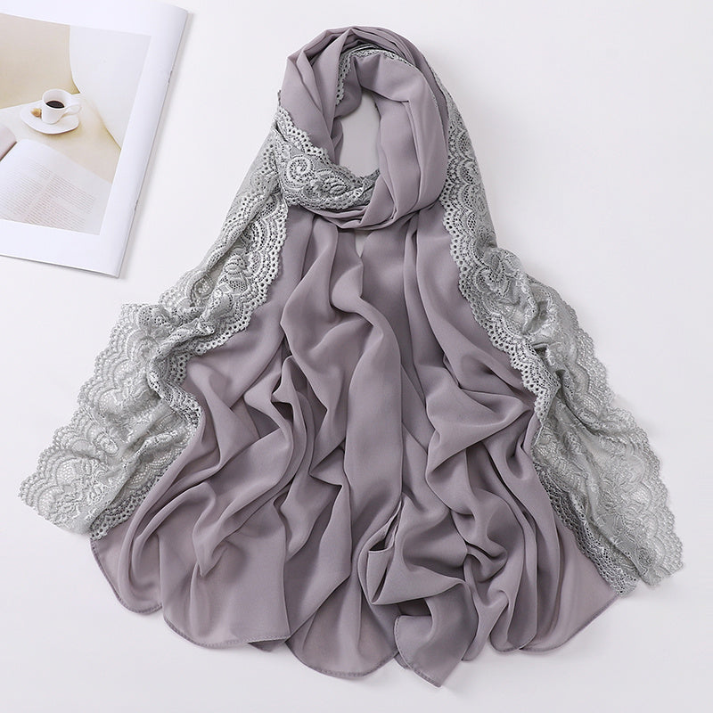 Elegant Pearl Chiffon Lace-Trimmed Women's Hijab Scarf - Breathable, Non-Stretch Polyester in Solid Colors | Perfect for Outdoor Events & Ramadan