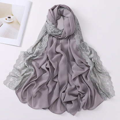 Elegant Pearl Chiffon Lace-Trimmed Women's Hijab Scarf - Breathable, Non-Stretch Polyester in Solid Colors | Perfect for Outdoor Events & Ramadan