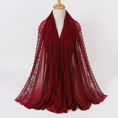 Elegant Pearl Chiffon Lace-Trimmed Women's Hijab Scarf - Breathable, Non-Stretch Polyester in Solid Colors | Perfect for Outdoor Events & Ramadan