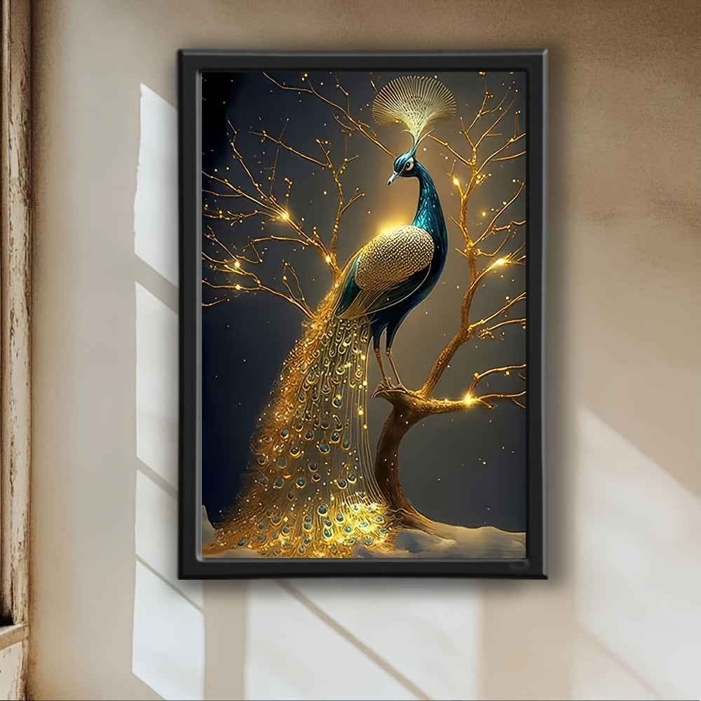 1pc Framed Peacock Canvas Art Print - Elegant Contemporary Wall Decor with Wood/Polyethylene Frame, Vibrant Blue & Golden Design for Home, Office, Bar, Cafe, or Outdoor Spaces - Perfect Gift for Easter, Mother's Day, Graduati
