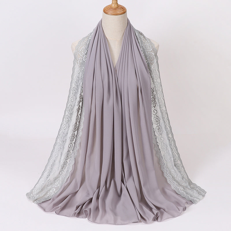 Elegant Pearl Chiffon Lace-Trimmed Women's Hijab Scarf - Breathable, Non-Stretch Polyester in Solid Colors | Perfect for Outdoor Events & Ramadan