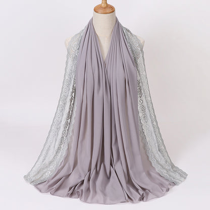 Elegant Pearl Chiffon Lace-Trimmed Women's Hijab Scarf - Breathable, Non-Stretch Polyester in Solid Colors | Perfect for Outdoor Events & Ramadan