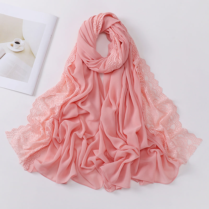 Elegant Pearl Chiffon Lace-Trimmed Women's Hijab Scarf - Breathable, Non-Stretch Polyester in Solid Colors | Perfect for Outdoor Events & Ramadan