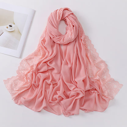 Elegant Pearl Chiffon Lace-Trimmed Women's Hijab Scarf - Breathable, Non-Stretch Polyester in Solid Colors | Perfect for Outdoor Events & Ramadan