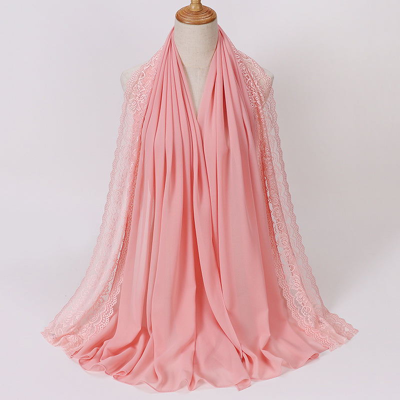 Elegant Pearl Chiffon Lace-Trimmed Women's Hijab Scarf - Breathable, Non-Stretch Polyester in Solid Colors | Perfect for Outdoor Events & Ramadan