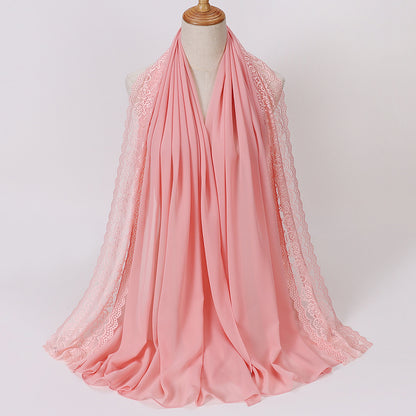 Elegant Pearl Chiffon Lace-Trimmed Women's Hijab Scarf - Breathable, Non-Stretch Polyester in Solid Colors | Perfect for Outdoor Events & Ramadan