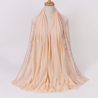 Elegant Pearl Chiffon Lace-Trimmed Women's Hijab Scarf - Breathable, Non-Stretch Polyester in Solid Colors | Perfect for Outdoor Events & Ramadan