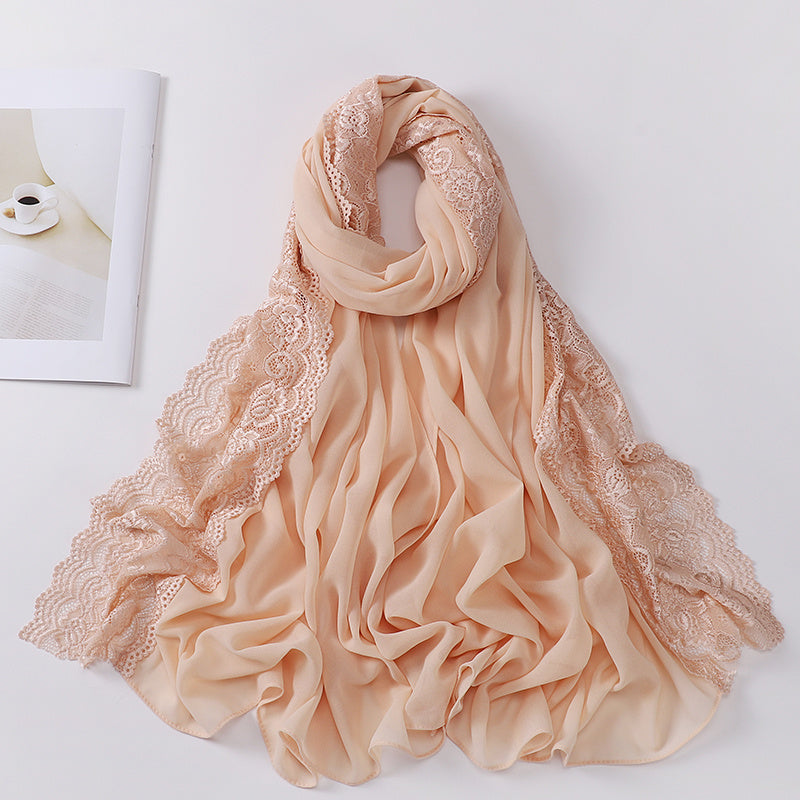 Elegant Pearl Chiffon Lace-Trimmed Women's Hijab Scarf - Breathable, Non-Stretch Polyester in Solid Colors | Perfect for Outdoor Events & Ramadan