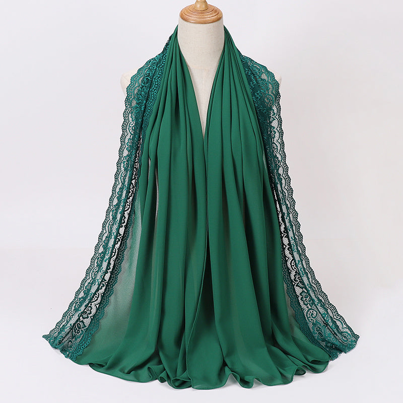 Elegant Pearl Chiffon Lace-Trimmed Women's Hijab Scarf - Breathable, Non-Stretch Polyester in Solid Colors | Perfect for Outdoor Events & Ramadan