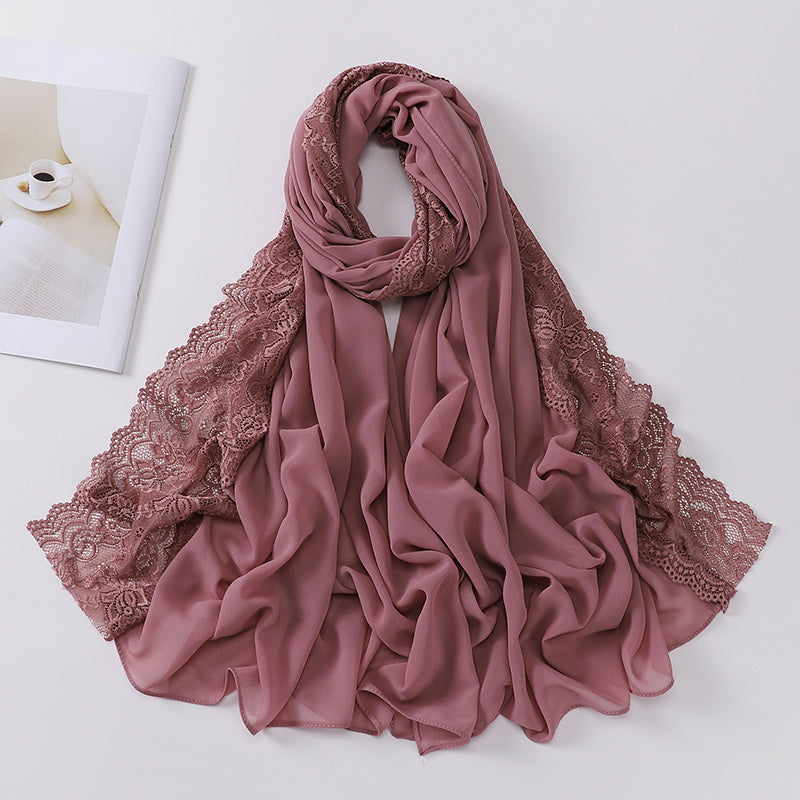 Elegant Pearl Chiffon Lace-Trimmed Women's Hijab Scarf - Breathable, Non-Stretch Polyester in Solid Colors | Perfect for Outdoor Events & Ramadan