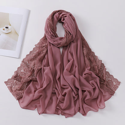 Elegant Pearl Chiffon Lace-Trimmed Women's Hijab Scarf - Breathable, Non-Stretch Polyester in Solid Colors | Perfect for Outdoor Events & Ramadan