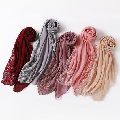 Elegant Pearl Chiffon Lace-Trimmed Women's Hijab Scarf - Breathable, Non-Stretch Polyester in Solid Colors | Perfect for Outdoor Events & Ramadan
