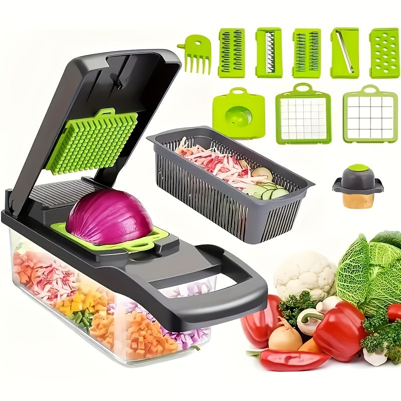 A 16pcs Multifunctional Kitchen Tool Set, Including a Manual Vegetable Chopper, Fruit Slicer, Food Grater, Onion Chopper, And Potato Masher, Comes with Containers, Making It Perfect for Barbecues And Outdoor Cooking.