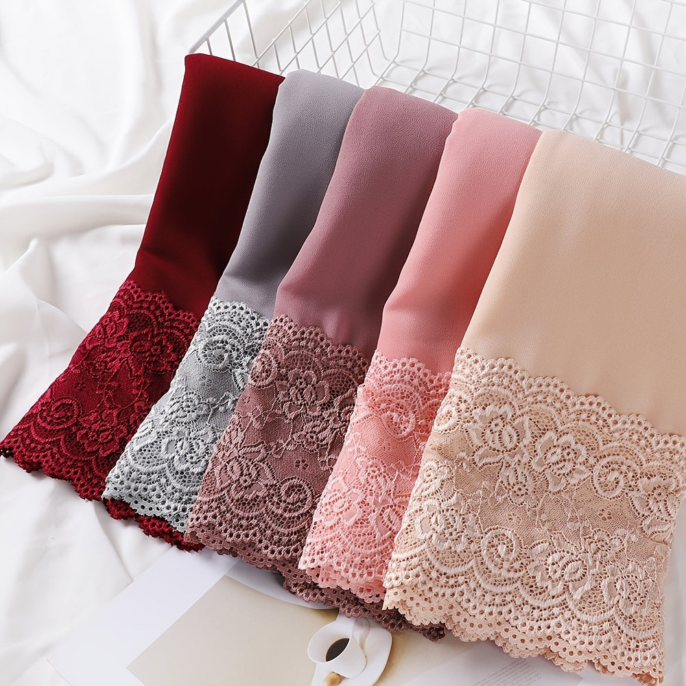Elegant Pearl Chiffon Lace-Trimmed Women's Hijab Scarf - Breathable, Non-Stretch Polyester in Solid Colors | Perfect for Outdoor Events & Ramadan