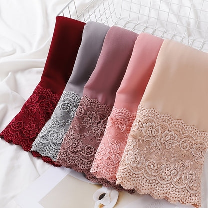 Elegant Pearl Chiffon Lace-Trimmed Women's Hijab Scarf - Breathable, Non-Stretch Polyester in Solid Colors | Perfect for Outdoor Events & Ramadan