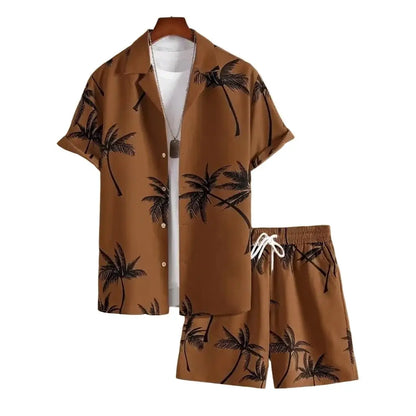 Customized Summer Seaside Vacation Men's 3D Digital-printed Short-sleeved Short Pants Shirt Set with Coconut Tree Design