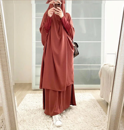 Muslimske Kvinner Lang Khimar + Skjørt 2-delers Sett Bønneklær eller Salat Ramadan. Dubai arabisk Hijab"