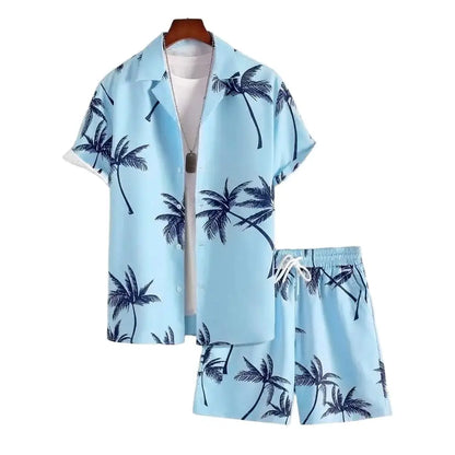 Customized Summer Seaside Vacation Men's 3D Digital-printed Short-sleeved Short Pants Shirt Set with Coconut Tree Design