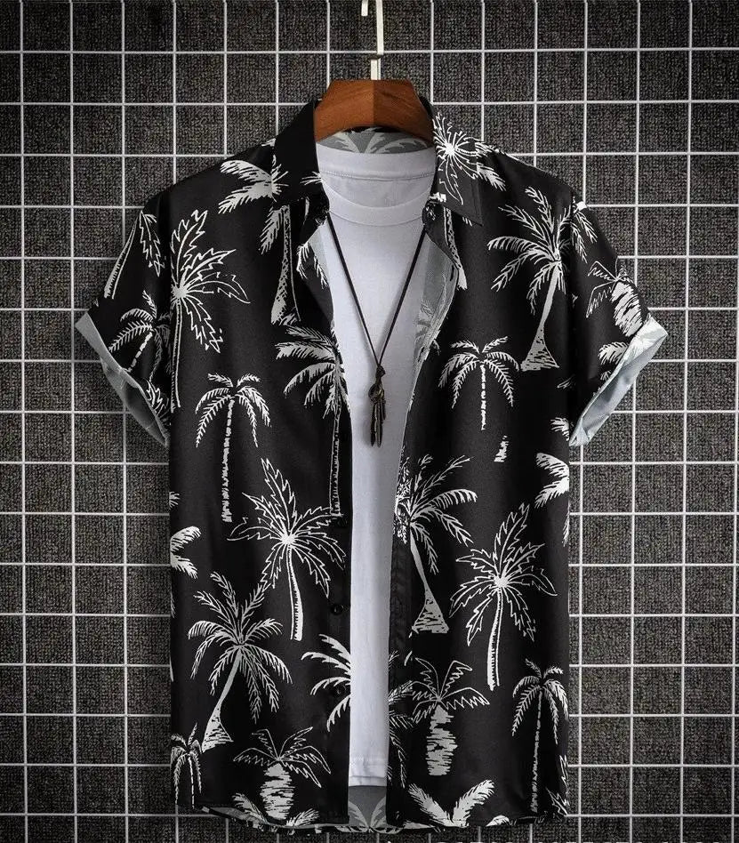 Men's Hawaiian Style Palm Tree Print Short Sleeved Shirt  Vacation and Casual Loose Top