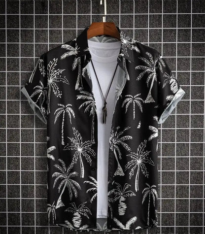 Men's Hawaiian Style Palm Tree Print Short Sleeved Shirt  Vacation and Casual Loose Top