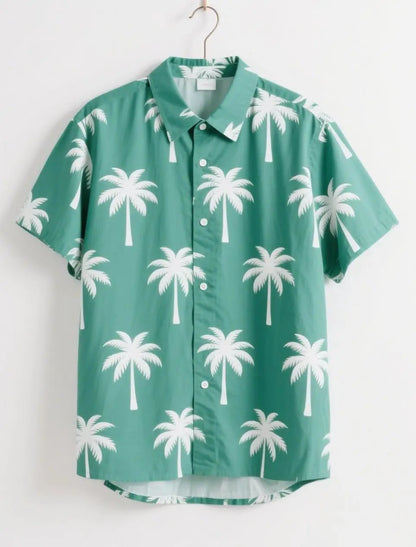 Men's Hawaiian Style Palm Tree Print Short Sleeved Shirt  Vacation and Casual Loose Top