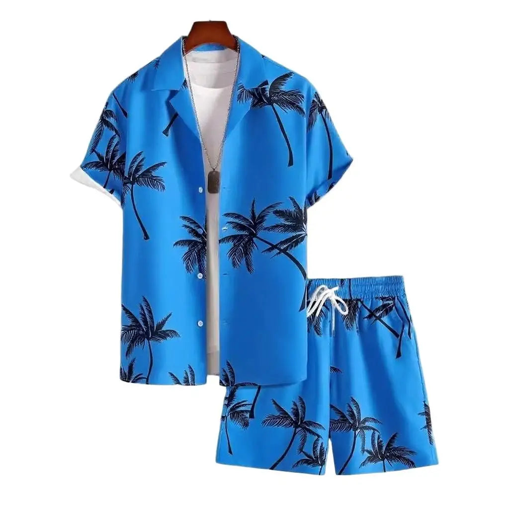 Customized Summer Seaside Vacation Men's 3D Digital-printed Short-sleeved Short Pants Shirt Set with Coconut Tree Design