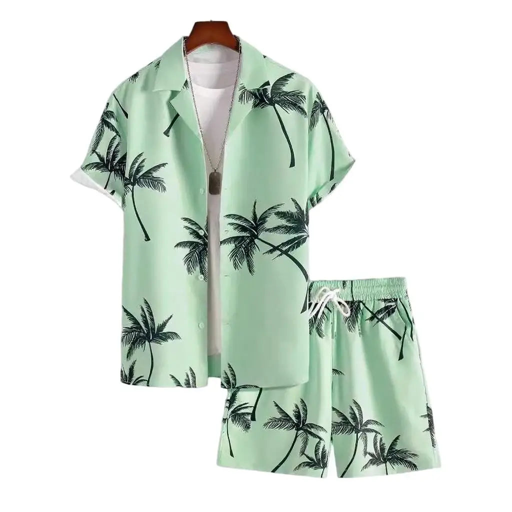 Customized Summer Seaside Vacation Men's 3D Digital-printed Short-sleeved Short Pants Shirt Set with Coconut Tree Design