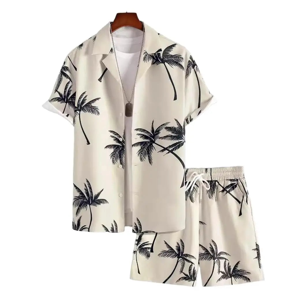 Customized Summer Seaside Vacation Men's 3D Digital-printed Short-sleeved Short Pants Shirt Set with Coconut Tree Design