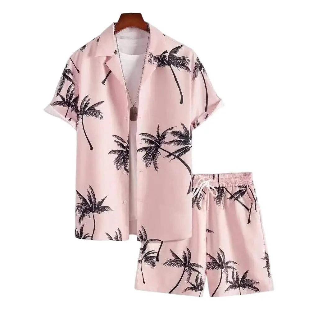 Customized Summer Seaside Vacation Men's 3D Digital-printed Short-sleeved Short Pants Shirt Set with Coconut Tree Design