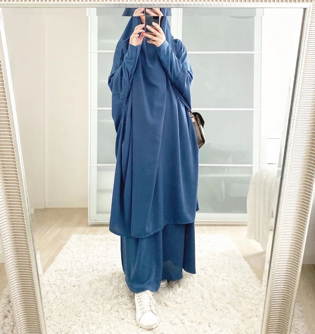 Muslimske Kvinner Lang Khimar + Skjørt 2-delers Sett Bønneklær eller Salat Ramadan. Dubai arabisk Hijab"