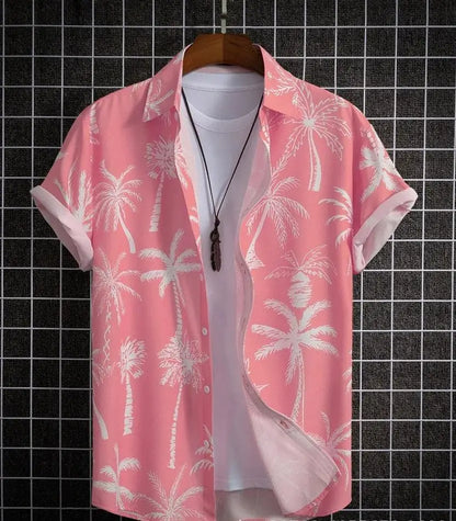 Men's Hawaiian Style Palm Tree Print Short Sleeved Shirt  Vacation and Casual Loose Top