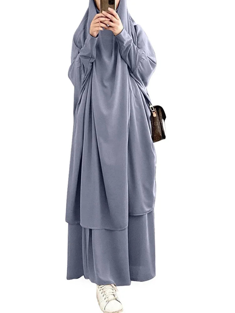 Muslimske Kvinner Lang Khimar + Skjørt 2-delers Sett Bønneklær eller Salat Ramadan. Dubai arabisk Hijab"