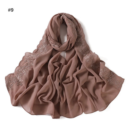 Embroidery Lace Chiffon Hijabs for women Vine Heavy Pearl Industry Edge Long Scarf Light Scarf Headscarf Shawl Turban Ramadan