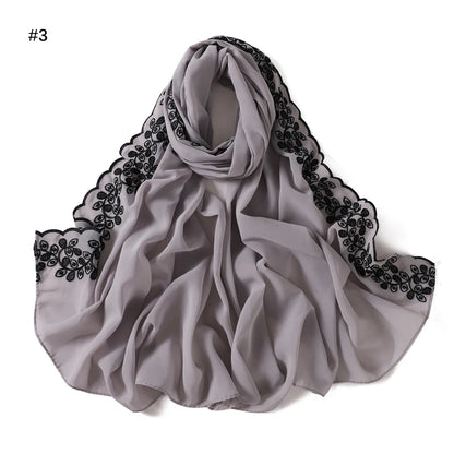 Embroidery Lace Chiffon Hijabs for women Vine Heavy Pearl Industry Edge Long Scarf Light Scarf Headscarf Shawl Turban Ramadan