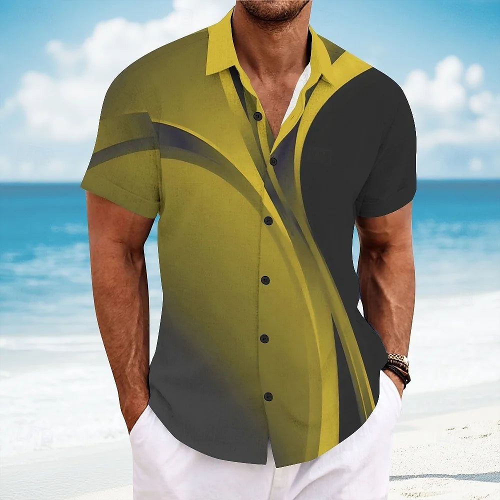 New Men's Short Sleeve Shirt 3D Printed Hawaiian Striped Pattern Beach Shirt Casual Flip Button Shirt, Clothing