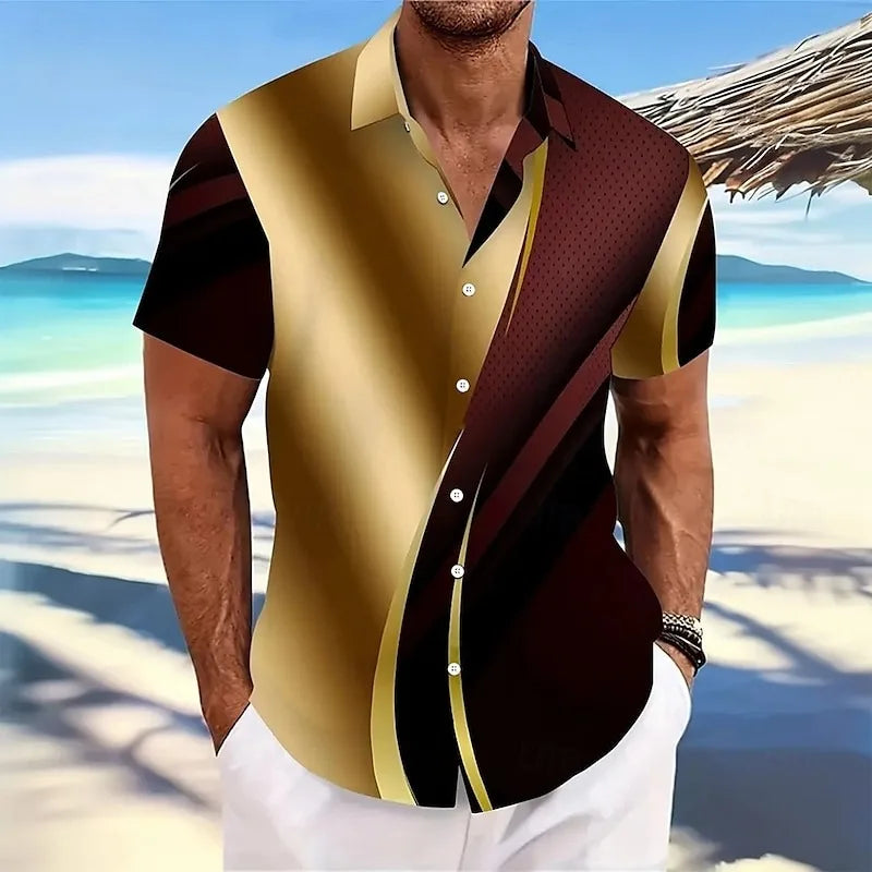 New Men's Short Sleeve Shirt 3D Printed Hawaiian Striped Pattern Beach Shirt Casual Flip Button Shirt, Clothing
