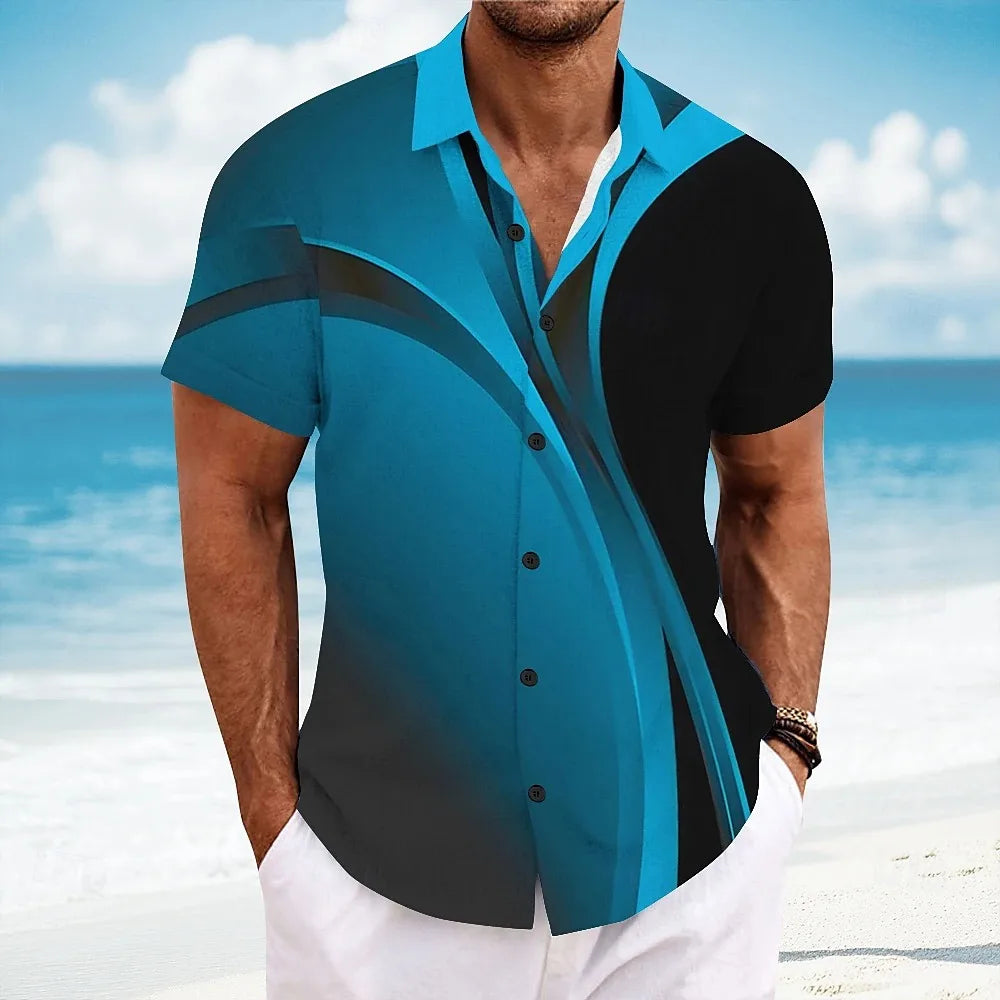 New Men's Short Sleeve Shirt 3D Printed Hawaiian Striped Pattern Beach Shirt Casual Flip Button Shirt, Clothing