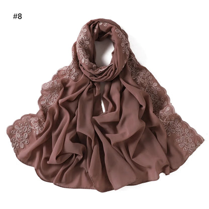 Embroidery Lace Chiffon Hijabs for women Vine Heavy Pearl Industry Edge Long Scarf Light Scarf Headscarf Shawl Turban Ramadan