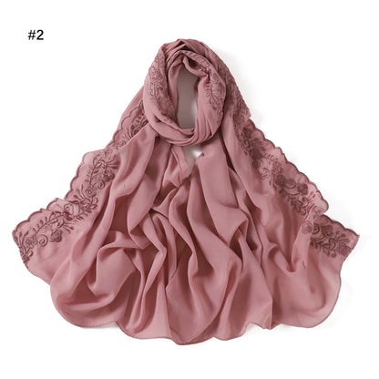 Embroidery Lace Chiffon Hijabs for women Vine Heavy Pearl Industry Edge Long Scarf Light Scarf Headscarf Shawl Turban Ramadan