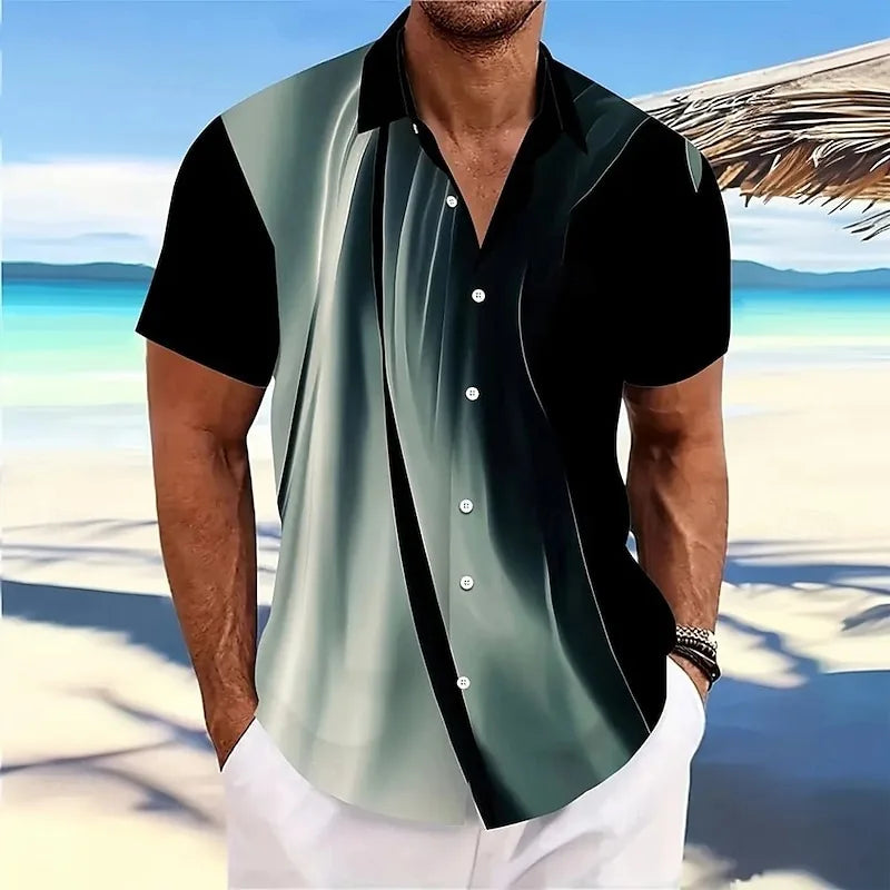 New Men's Short Sleeve Shirt 3D Printed Hawaiian Striped Pattern Beach Shirt Casual Flip Button Shirt, Clothing