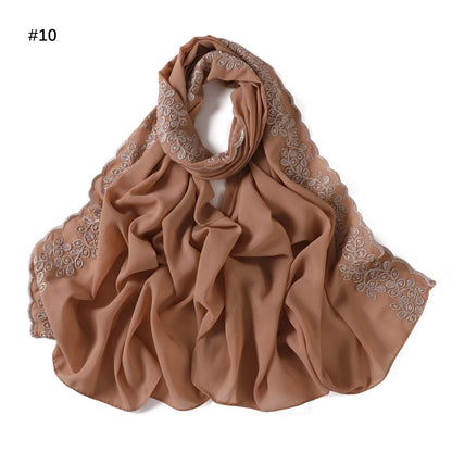 Embroidery Lace Chiffon Hijabs for women Vine Heavy Pearl Industry Edge Long Scarf Light Scarf Headscarf Shawl Turban Ramadan