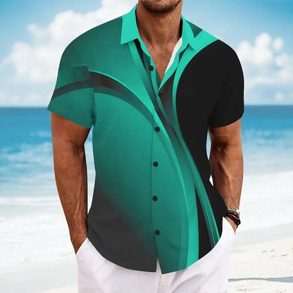 New Men's Short Sleeve Shirt 3D Printed Hawaiian Striped Pattern Beach Shirt Casual Flip Button Shirt, Clothing