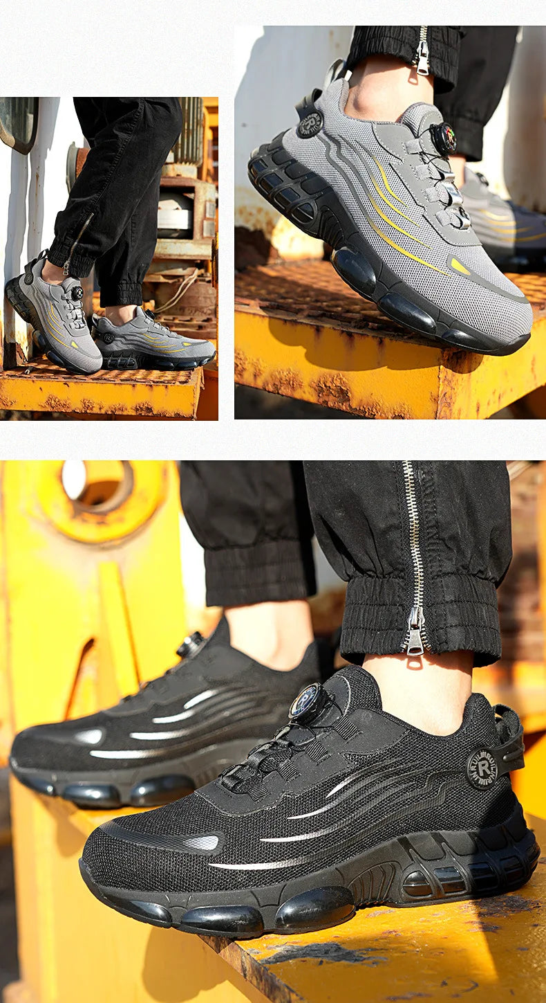 Sikkerhetssko for Menn med Ståltupp og Roterende Knapp - Punkteringssikre Arbeidssko med Luftpute"