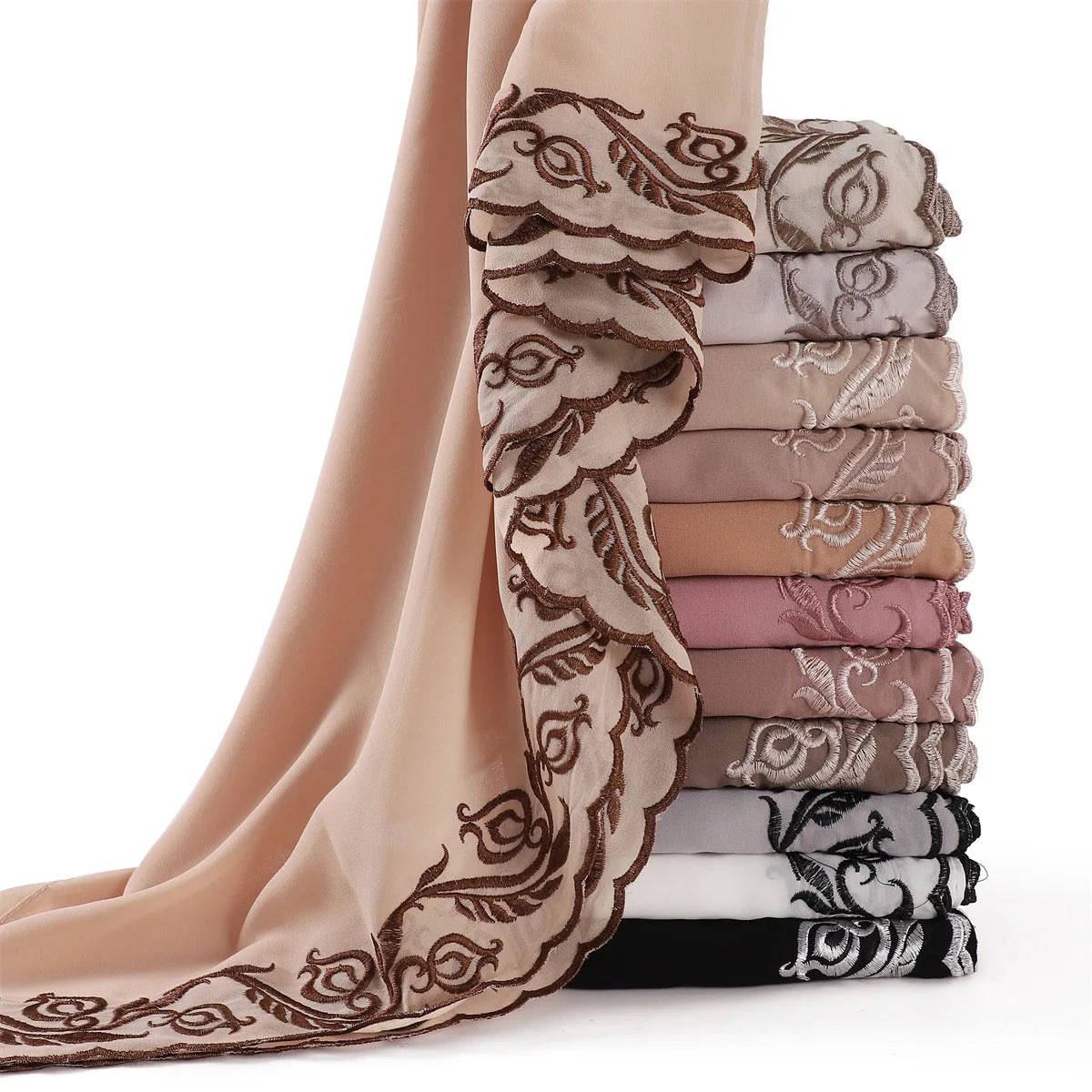 Embroidery Lace Chiffon Hijabs for women Vine Heavy Pearl Industry Edge Long Scarf Light Scarf Headscarf Shawl Turban Ramadan