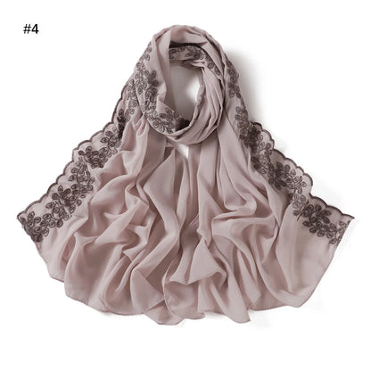 Embroidery Lace Chiffon Hijabs for women Vine Heavy Pearl Industry Edge Long Scarf Light Scarf Headscarf Shawl Turban Ramadan