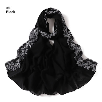 Embroidery Lace Chiffon Hijabs for women Vine Heavy Pearl Industry Edge Long Scarf Light Scarf Headscarf Shawl Turban Ramadan