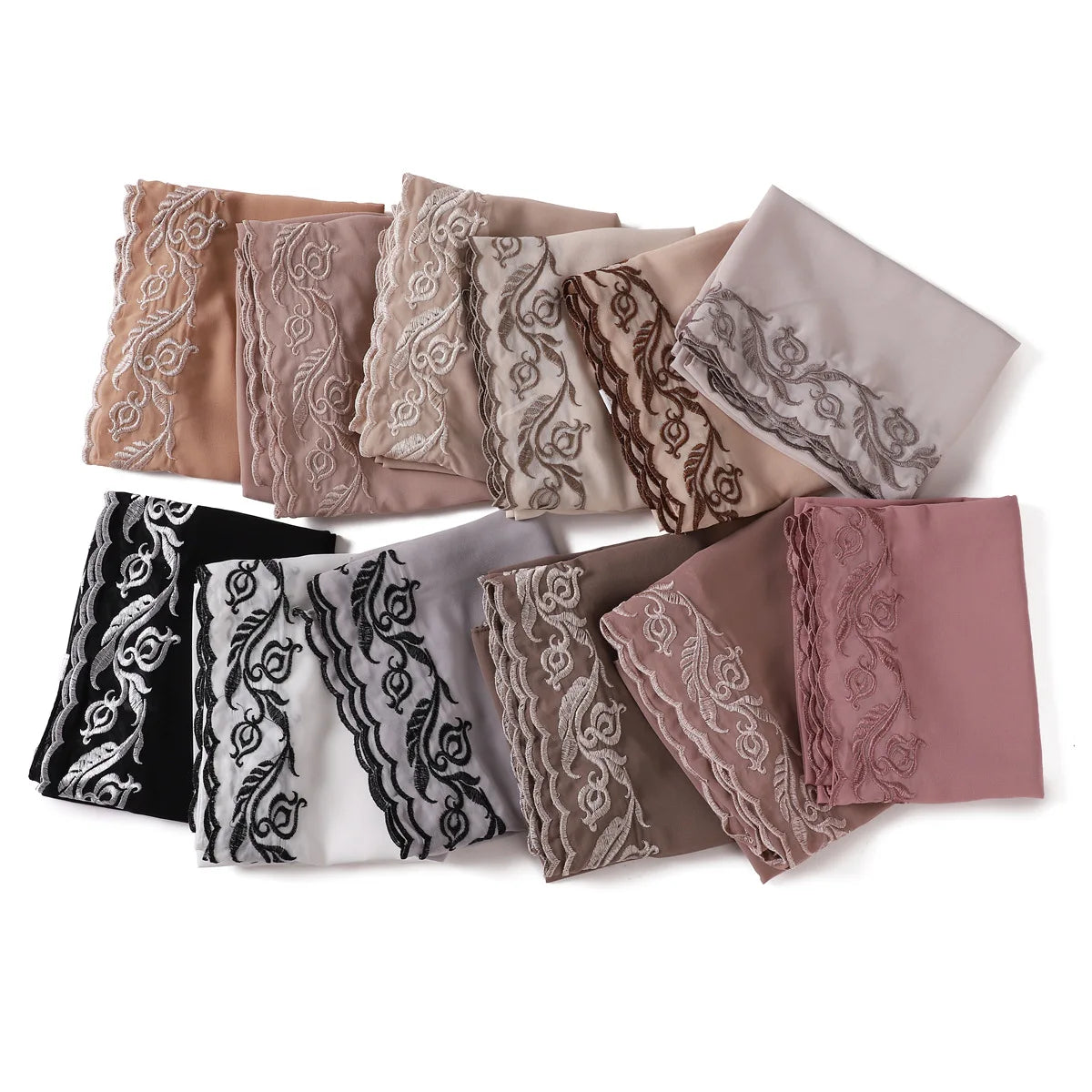 Embroidery Lace Chiffon Hijabs for women Vine Heavy Pearl Industry Edge Long Scarf Light Scarf Headscarf Shawl Turban Ramadan
