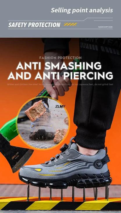 Sikkerhetssko for Menn med Ståltupp og Roterende Knapp - Punkteringssikre Arbeidssko med Luftpute"