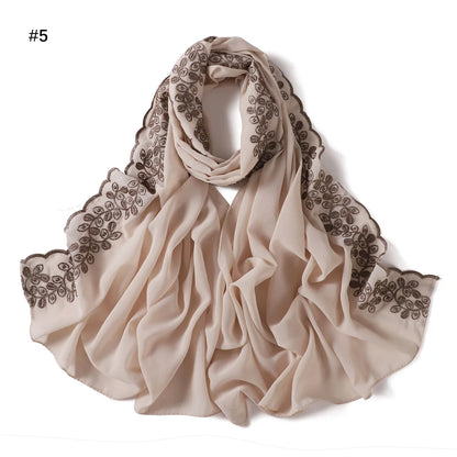 Embroidery Lace Chiffon Hijabs for women Vine Heavy Pearl Industry Edge Long Scarf Light Scarf Headscarf Shawl Turban Ramadan